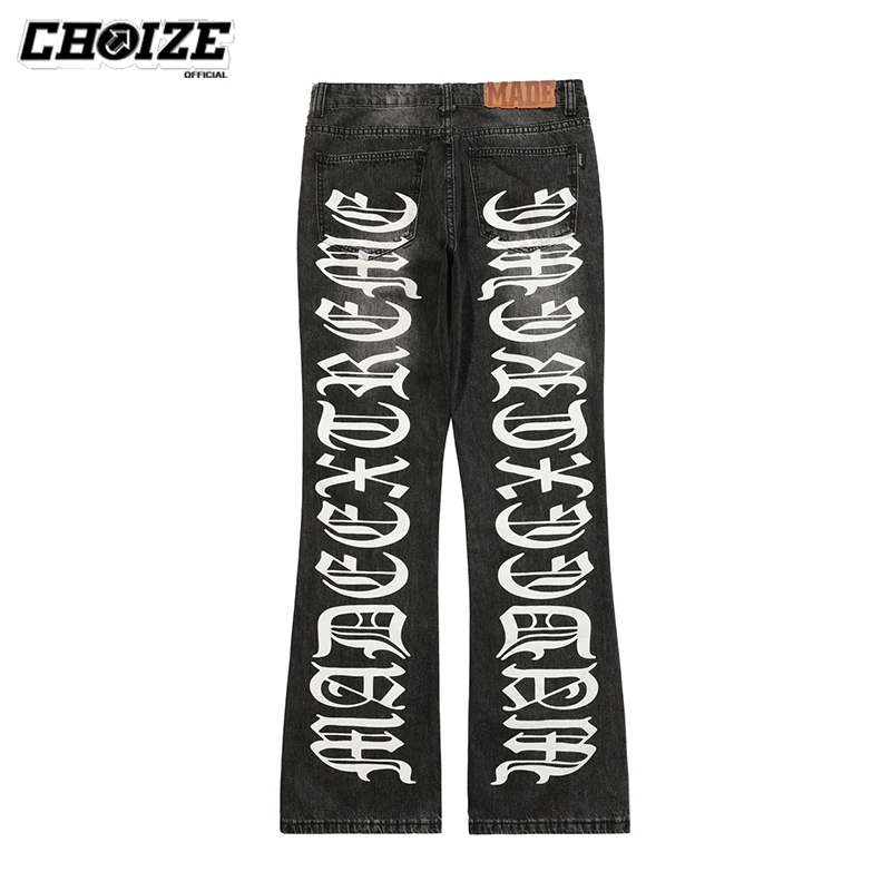 

Fashion Distressed Black Flared Jean Pant Mens Letters Frayed Skinny Micro Flared Jeans Women Retro Hip-hop Denim Trousers White