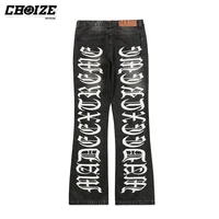 fashion distressed black flared jean pant mens letters frayed skinny micro flared jeans women retro hip hop denim trousers white