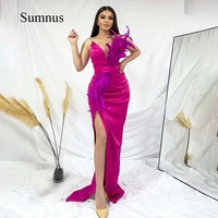 fuchsia side slit prom dresses feather spaghetti straps satin party gown formal women celebrity prom gowns robe de soiree 2022