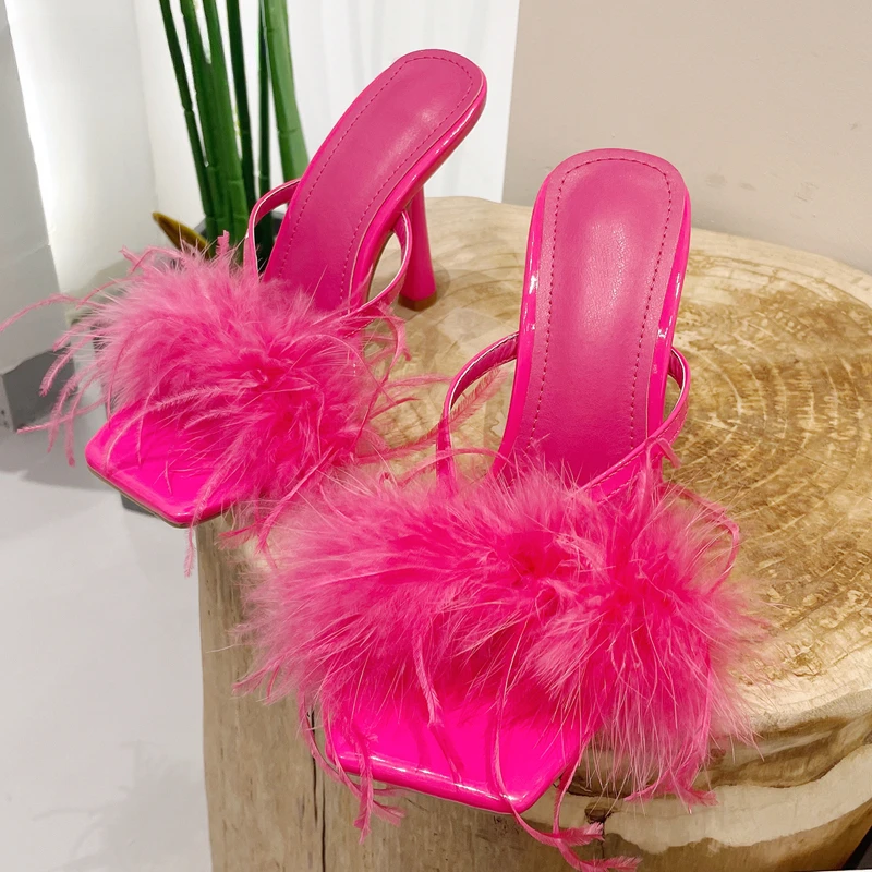 

2023 New Summer Fashion Fluffy Furry Women Slippers Female Gladiator Sandals Party Banquet Mules High Heels Slides Shoes