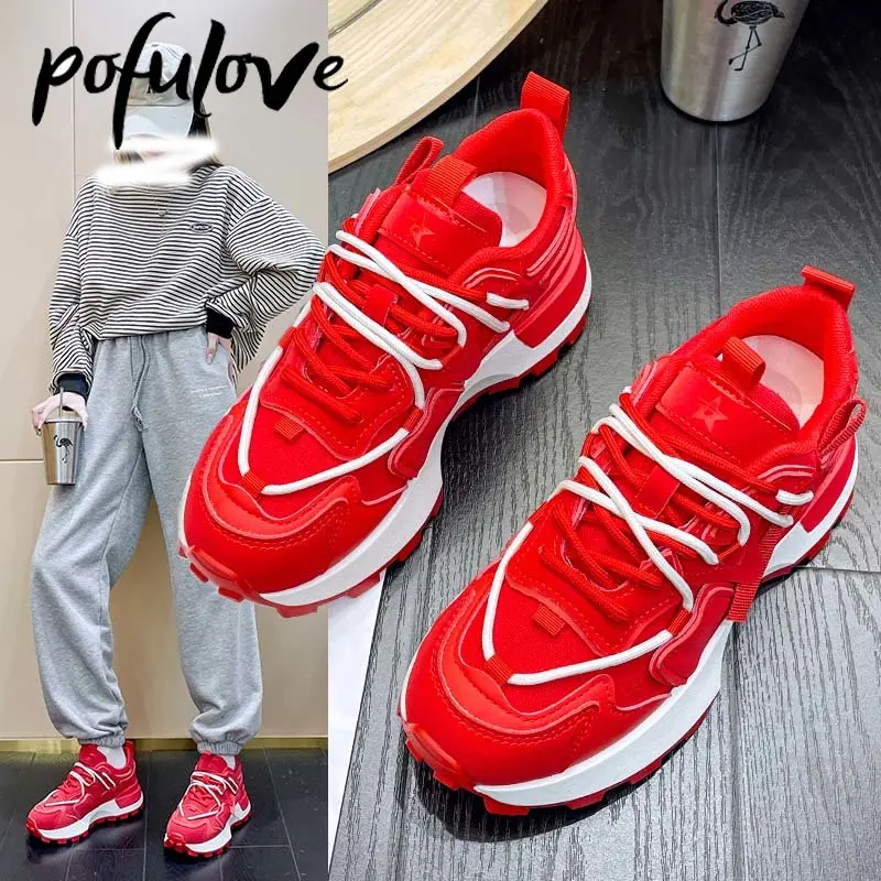 

Pofulove весенне-летние спортивные туфли женские красные модные яркие толстая подошва с круглым носком на шнуровке смешанные цвета сетчатые повседневные туфли