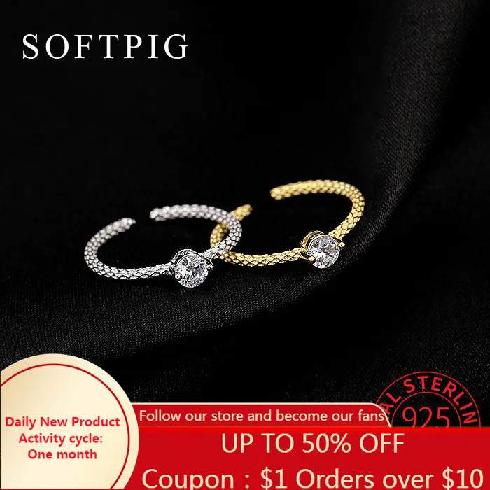 

SOFTPIG Real 925 Sterling Silver Zircon Round Adjustable Ring For Fashion Women Party Fine Jewelry Minimalist Accessories