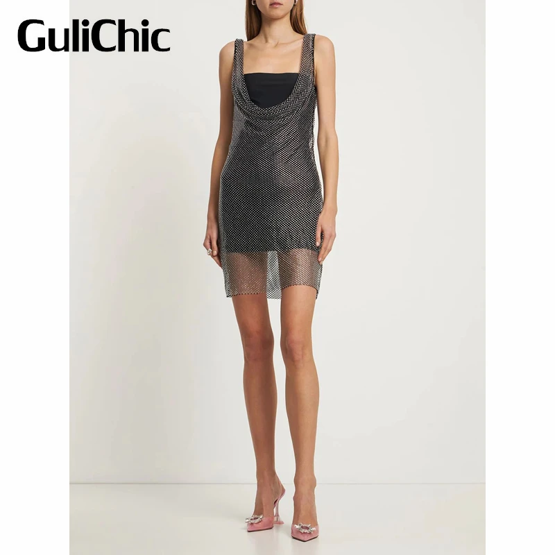 4.22 GuliChic High Street Sexy Backless Mesh Argyle Rhinestone 2 Piece Set Lace-Up Slim Mini Dress Women