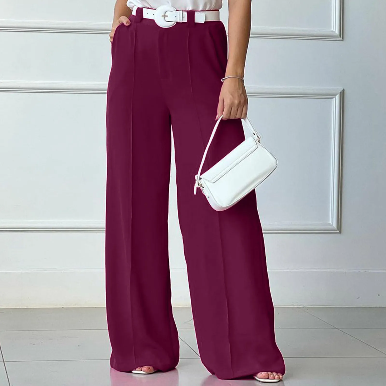 

Elegant Solid Colours Draped Pants For Women Fashion High Waisted Buttons Long Pants Casual Loose Commuter Wide Leg Trouser