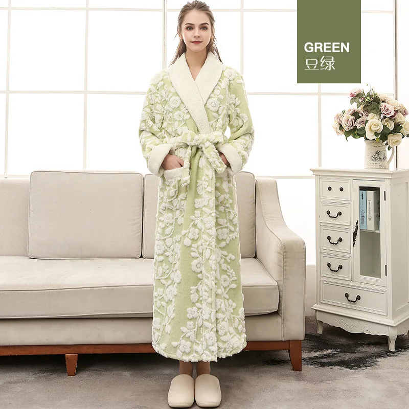 Double-Layer Winter Flannel Bathrobe Long Robe For Men Women Couple Sleepwear Robe Homewear Warm Nightgowns 3D Jacquard Bathrobe