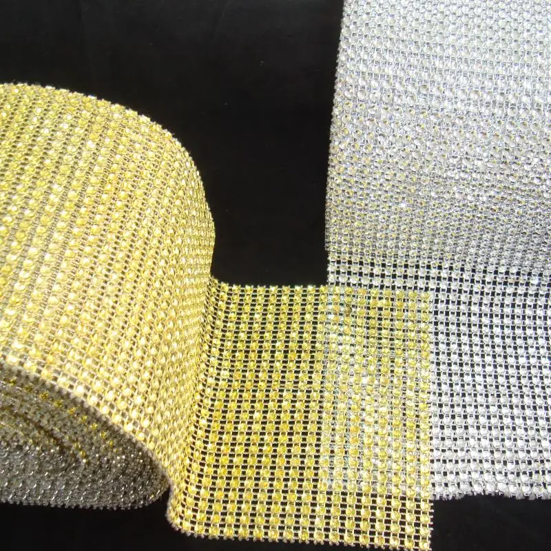 

10 Yards /Roll Silver Base 24rows 4mm Rhinestone Mesh Trimming Golden Base Plastic Sew On Trim For Decoration Garments Y2367