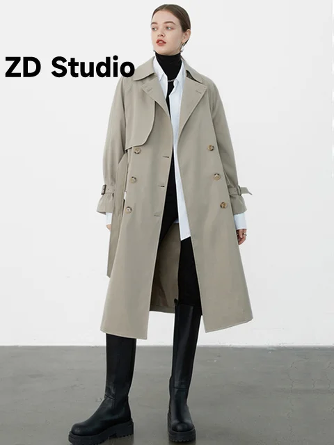 

[ZD Studio] Women Khaki Size Casual Trench New Lapel Long Sleeve Loose Fit Windbreaker Tide Spring Autumn 2023