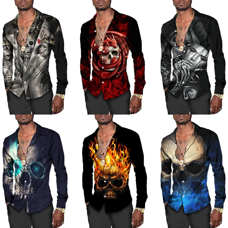 Крутая Готическая Мужская рубашка с 3D-принтом черепа на пуговицах отложным