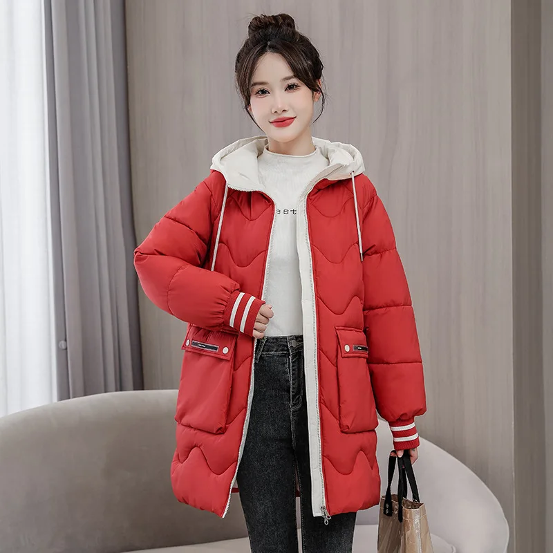 

Winter New British Style Fashion Solid Color Hooded Cotton Clothing Women's Loose Casual Mid-length Thickened Zipper Jacket Tide