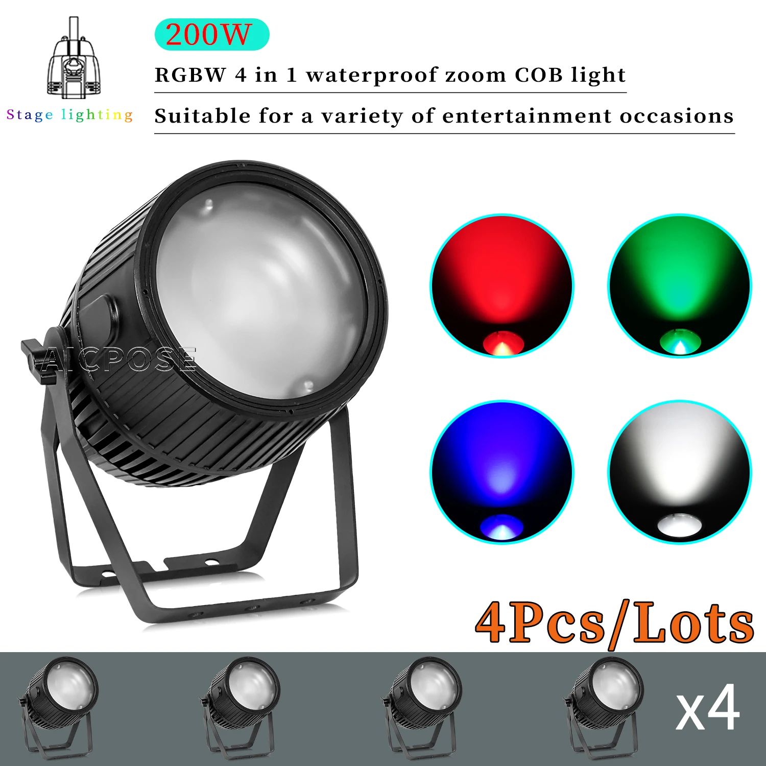 

4Pcs/Lots 200W RGBW 4in1 COB Audience Light Cool White/Warm White LED Waterproof Zoom Stage Spotlight DJ Disco Equipment