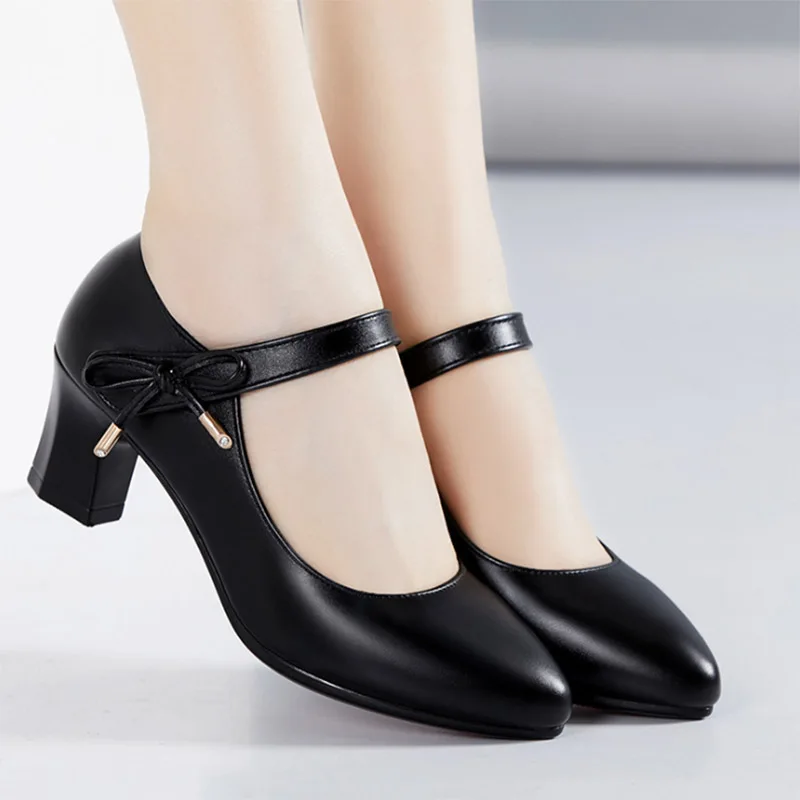 Plus Size Women Dress Shoes Med Heels Mary Janes Shoes Bow Pointed Toe Pumps Buckle Strap Grandma Shoes Ladies Office Shoes Fall