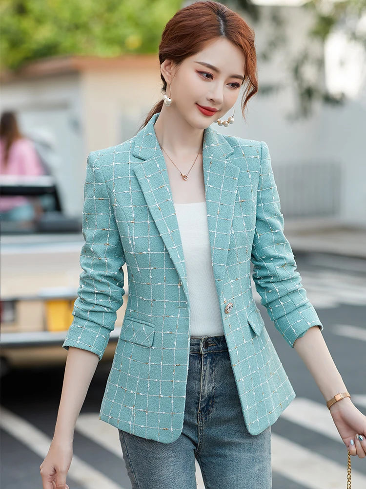 women Blazers 2023 New in Blue White Plaid Women Casual Blazer Jacket Ladies Female Long Sleeve Single Button Slim Coat Winter