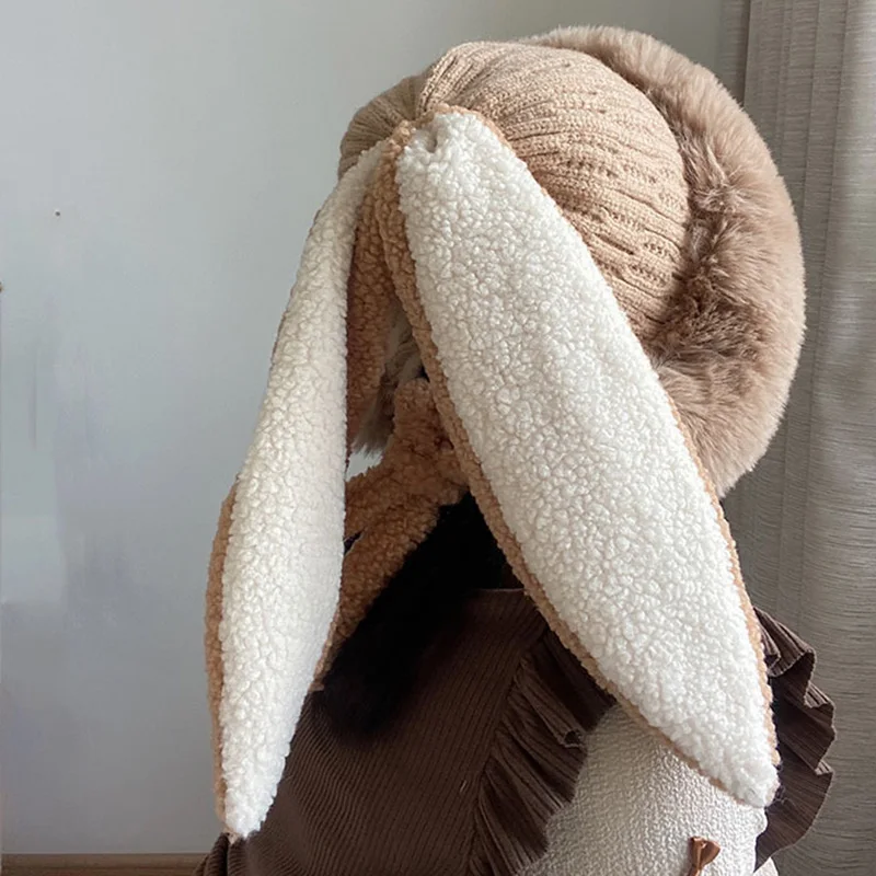 Cute Bunny Hat Women Girls Winter Plush Windproof Warm Hood Hats Kawaii Cartoon Furry Rabbit Ear Cotton Hat Cosplay Friend Gift