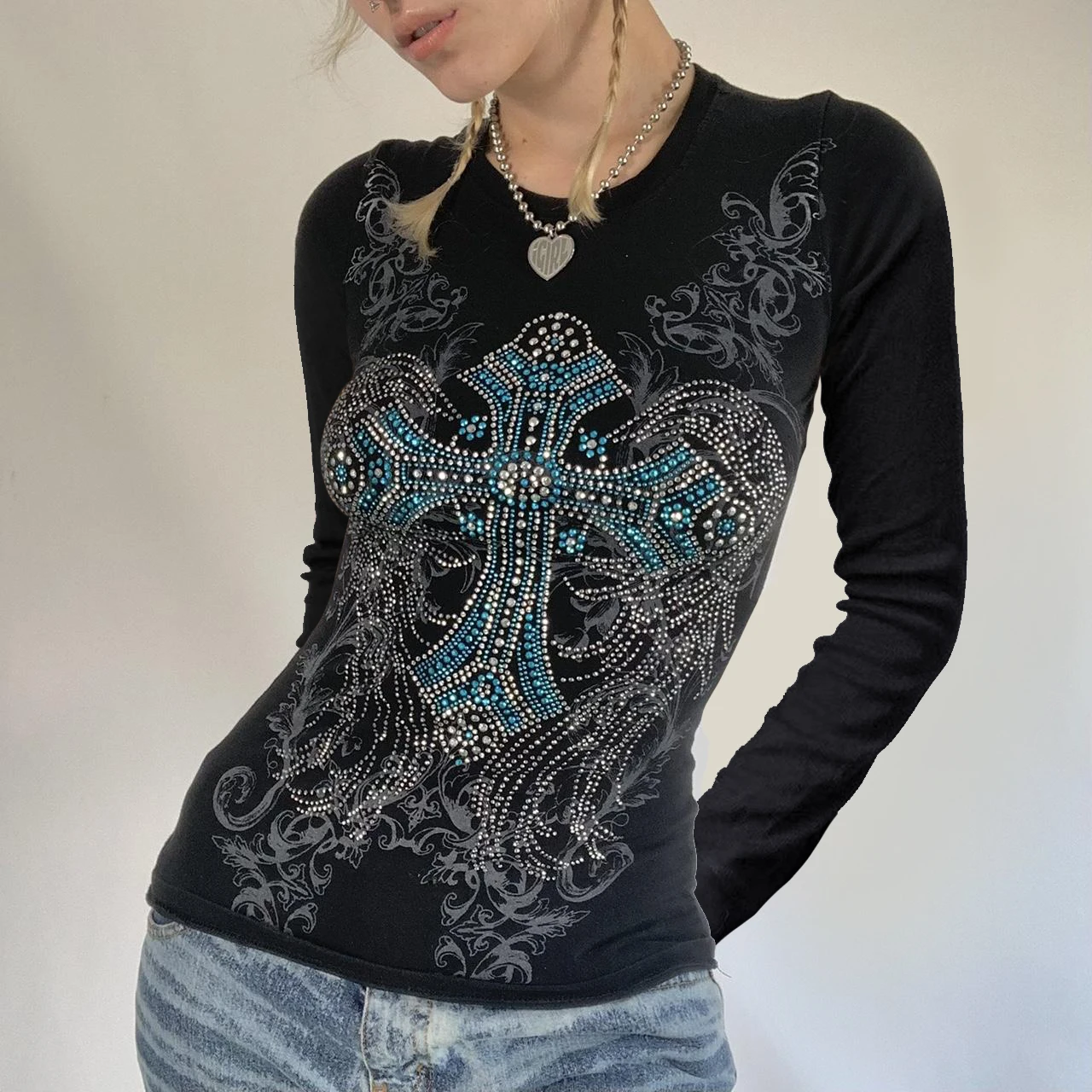 

Rhinestone y2k Aesthetic T Shirt Fairy Grunge Cross Wings Pattern Short Sleeve Tops Casual 2000s Graphic Tee Streetwear