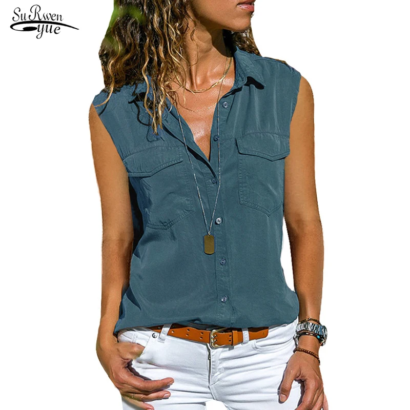 

Casual Turn Down Collar Sleeveless S-8XL Shirt Women Clothes Summer Loose Solid Button Pocket Blouse Fashion Tops Blusas 21648