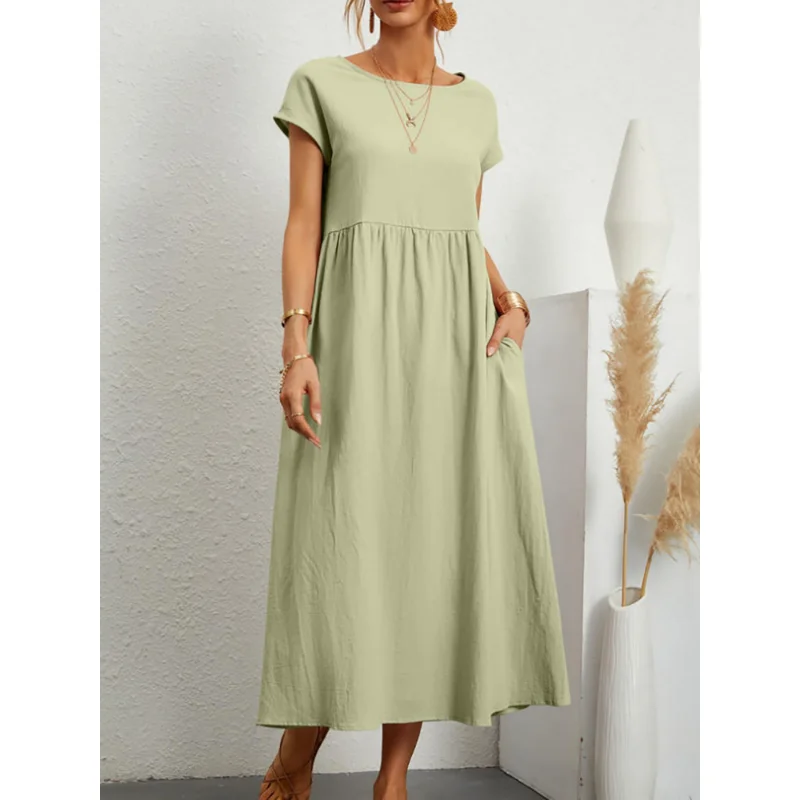 

Women Vintage Solid Dress 2023 Summer Elegant O Neck Short Sleeve Oversized Long Dress Female Casual Loose Cotton Linen Sundress