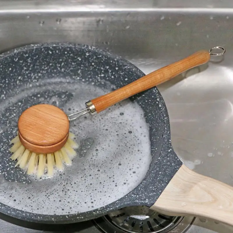 

Kitchen Cleaning Brush Wooden Long Handle Cleaing Brush with Removable Scrub Brush Head Dispenser Dishwashing Brush Kitchen Tool