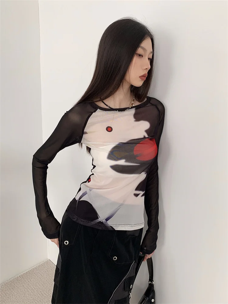 

Women Y2k Patchwork See Through Mesh Long Sleeve Tops Spring Summer T Shirt Sexy Streetwear Design Tee Shirt Femme Chic 2023