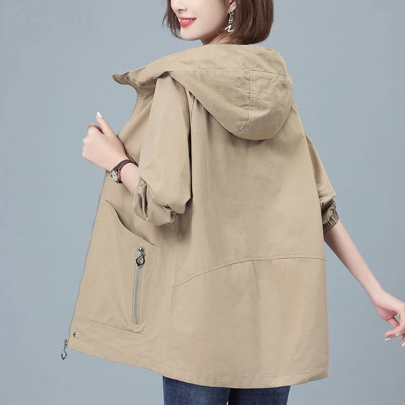 

Spring Autumn Women's Windbreaker Korean Hooded Lining Black Khaki Solid Loose Trench Coats Casual Female Zipper Overcoat