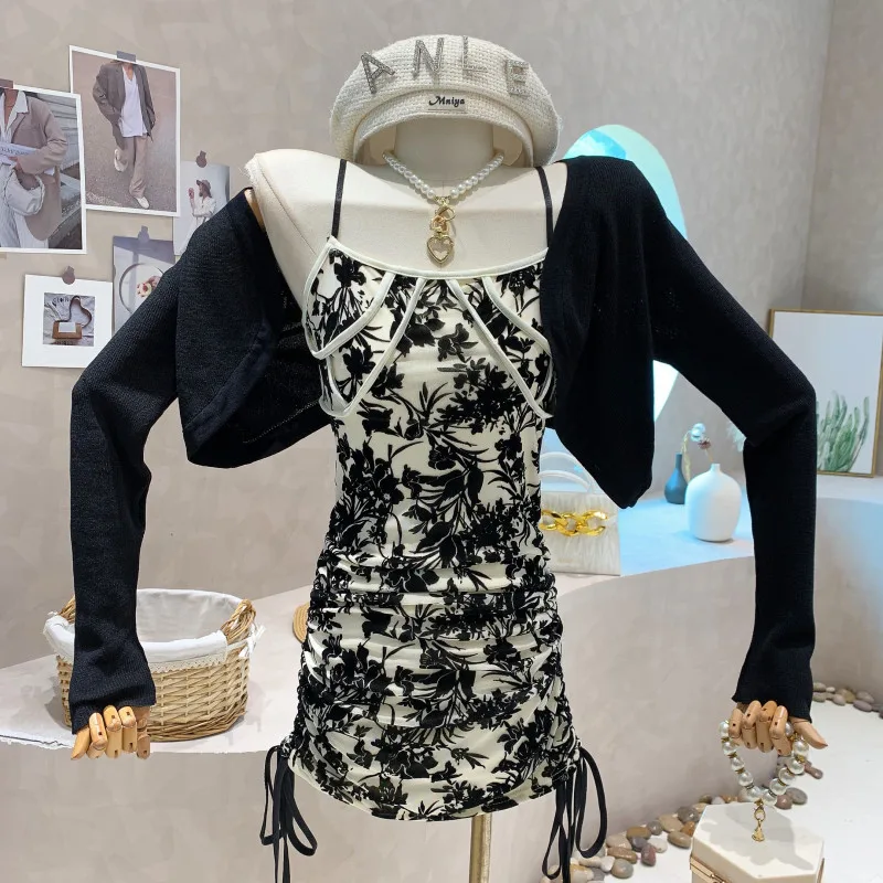 

New Women's Clothing 2022 Autumn Girlish drawstring slim suspender vest dress + Knitted sunscreen cardigan top Two piece sets