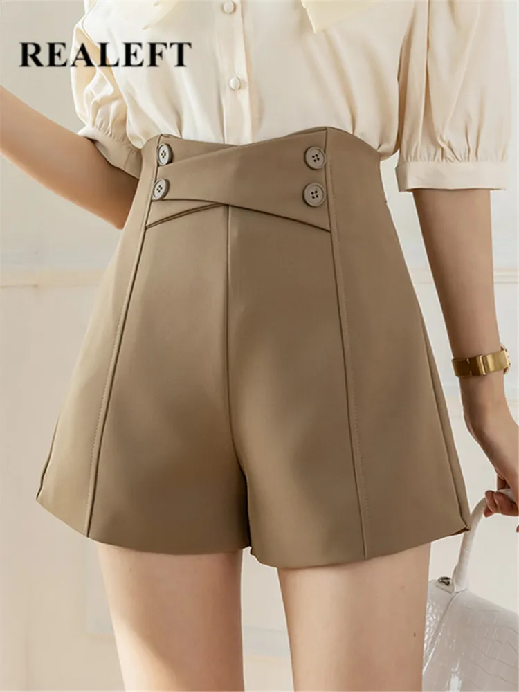 

REALEFT 2022 New Summer Women's Casual Pants Female Buttons High Waist Solid Color Suit Wide-legged Shorts With Pockets SS286