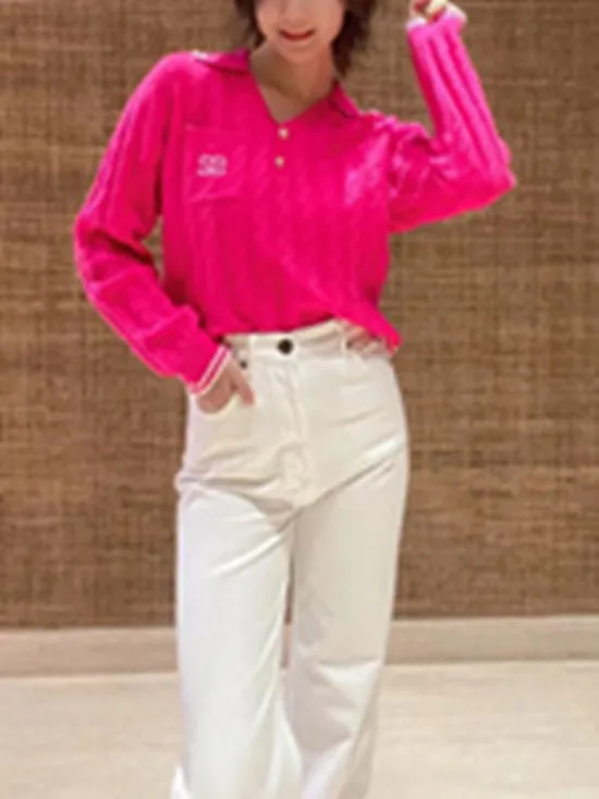 

2023 Spring New Striped Trim Women Twist Sweater Letter Embroidery Long Sleeve Turn-Down Collar Female Half Open Button Tops