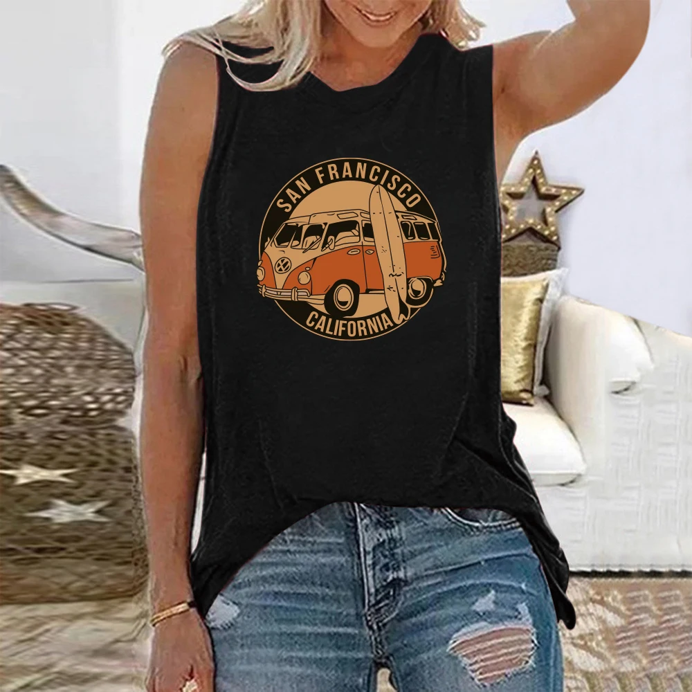 

Seeyoushy SAN FRANCISCO CALIFORNIA Bus Print Vintage Women T-shirts Sleeveelss Summer Loose Graphic T Shirts 90's Top Clothes