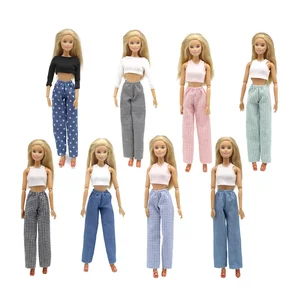 New 1/6 Doll Clothes Fashion Sleeveless Top and Casual Pants Denim Grid Daily Wear Accessories Cloth in India