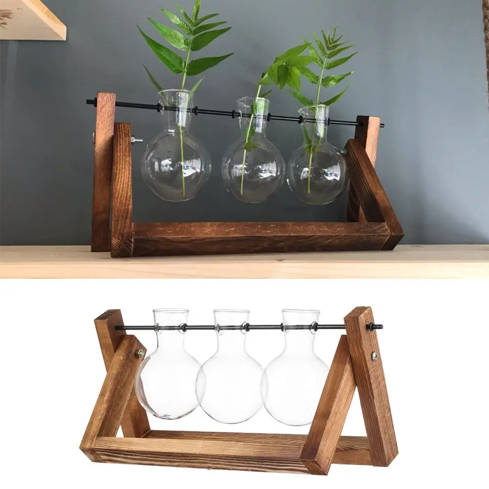 

Decoration Planter Terrarium Tabletop Vintage Wooden Frame Hydroponic Plant Vases Flower Pot Glass Vase