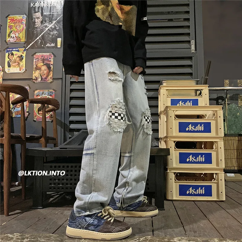 DEEPTOWN Hole Jeans Men Washed Zipper Denim Pants Plaid Streetwear Straight Trousers Male Fashion Hip Hop Loose Casual Spring
