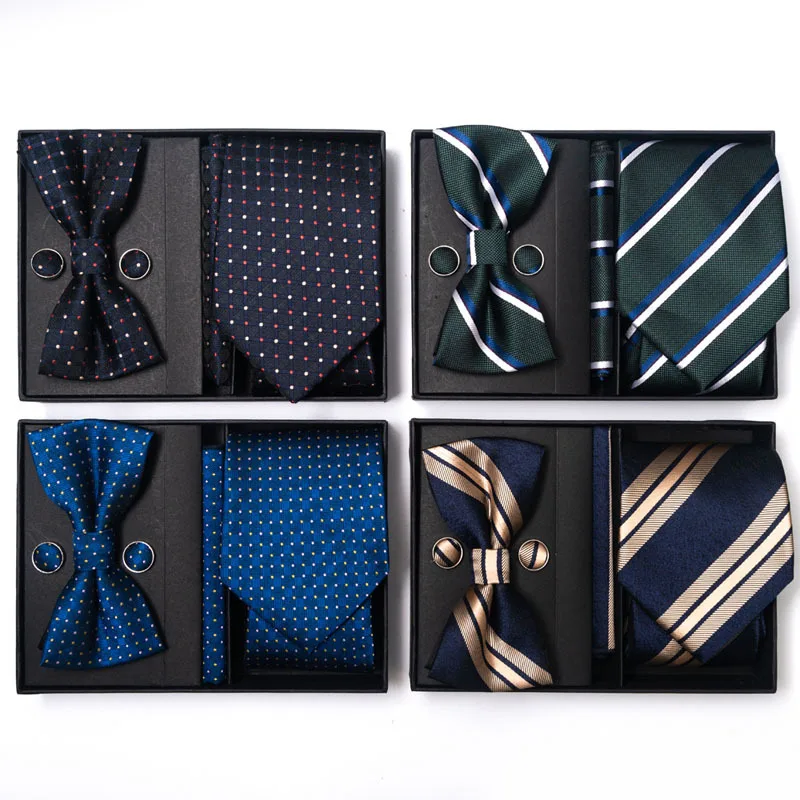 

6-piece Set Neckties For Men Women Luxurious Cashew Printing Black Ties Cufflinks Square Towel Butterfly Bow Bussiness Gift Box