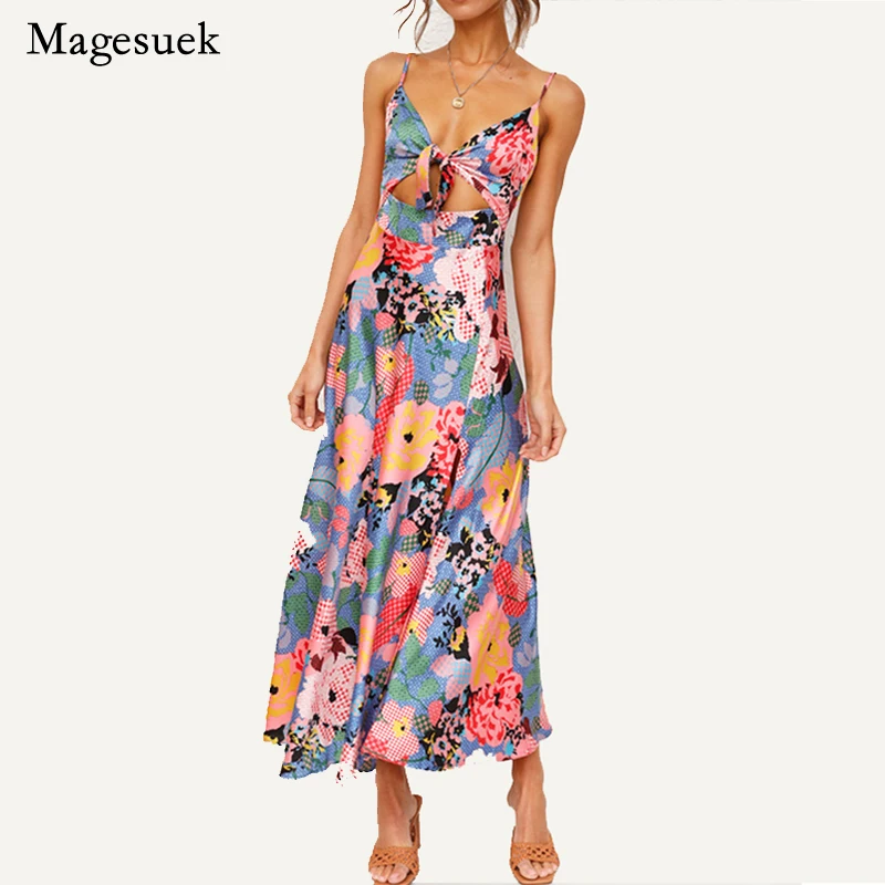

2022 Summer New Floral Dress for Women V Neck Print Sleeveless Sexy Dress Sweet Bow Sling Elegant Dress Vestidos Robe 22255