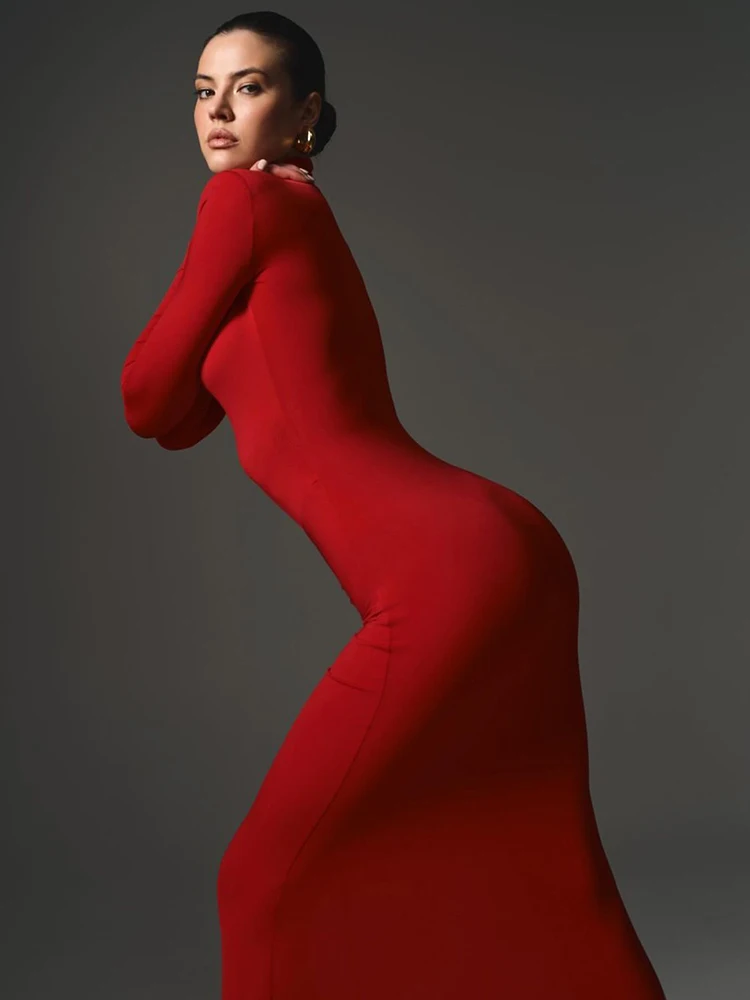 Модное однотонное женское длинное платье-футляр Ahagaga Классическая водолазка со