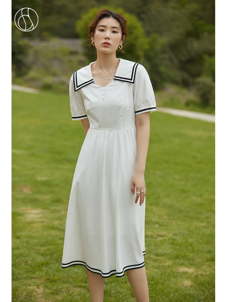 

DUSHU Navy Collar Contrast Dress Women 2022 Summer Casual Sweet Slim Thin High Waist Commute Solid Color Female Clothing