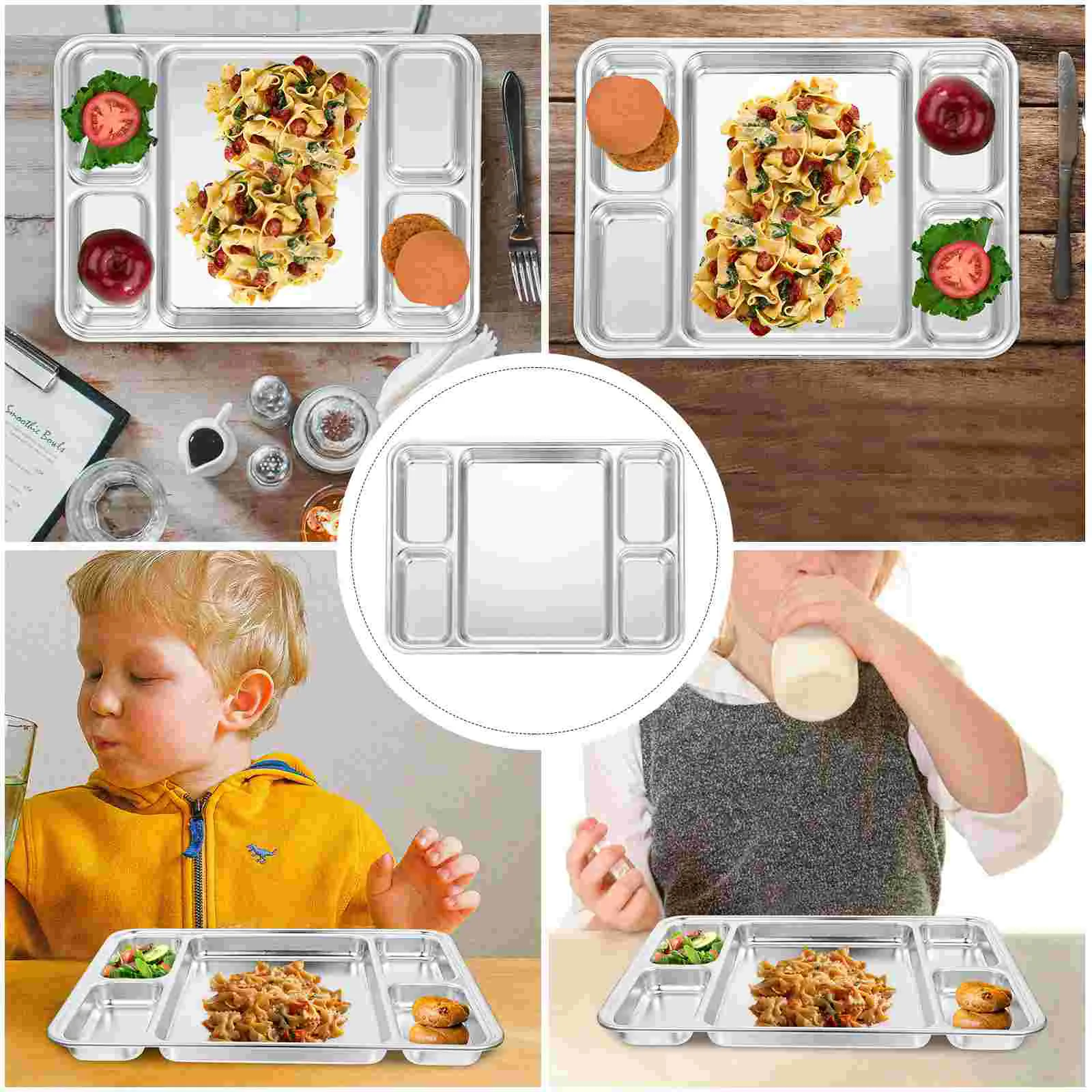 

Stainless Steel Grid Divided Dish Food Plate Western Dining Storage Household Tableware Baby Container