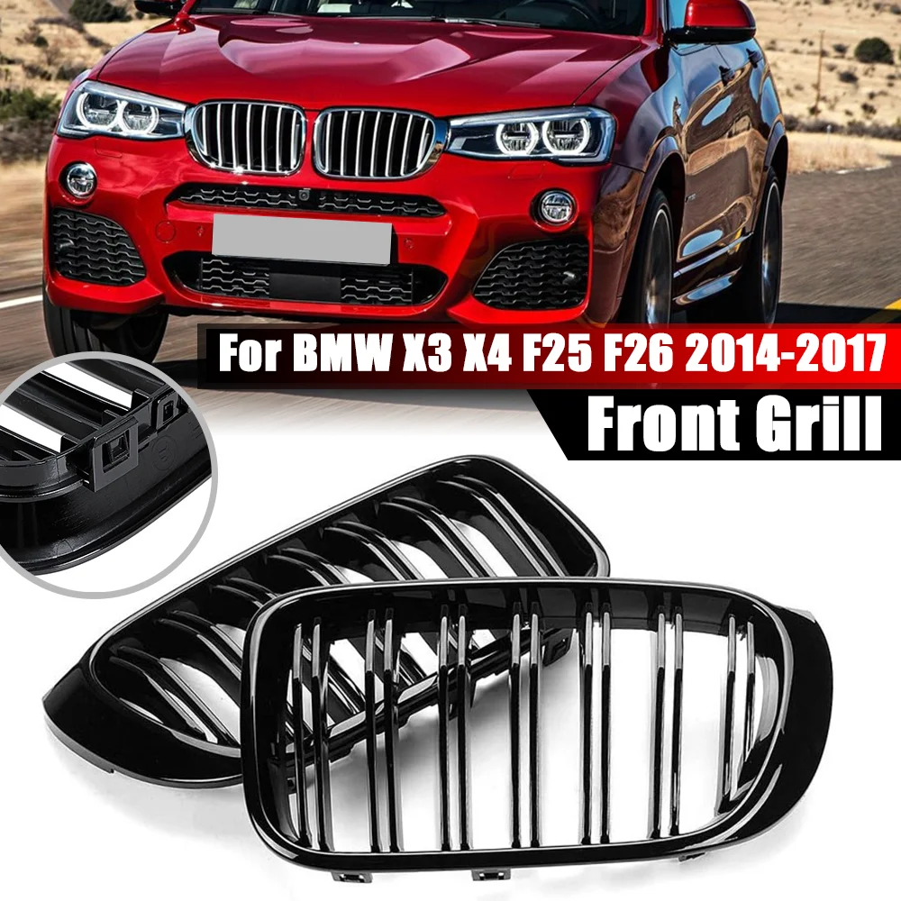 

1 Pair Car Front Bumper Double 2 Slat Kidney Grilles Glossy/Matte Black For BMW X3 X4 F25 F26 2014 2015 2016 2017 Car Styling