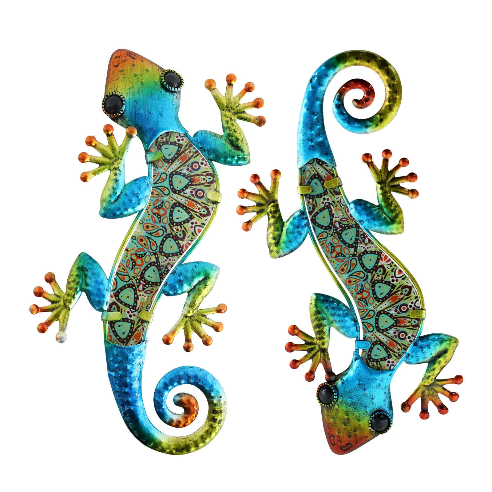 

2Pcs Metal Gecko Wall Decor Decorative Statues Lizard Garden Art Color Hanging Glass Sculpture for Indoor Outdoor Patio Fence