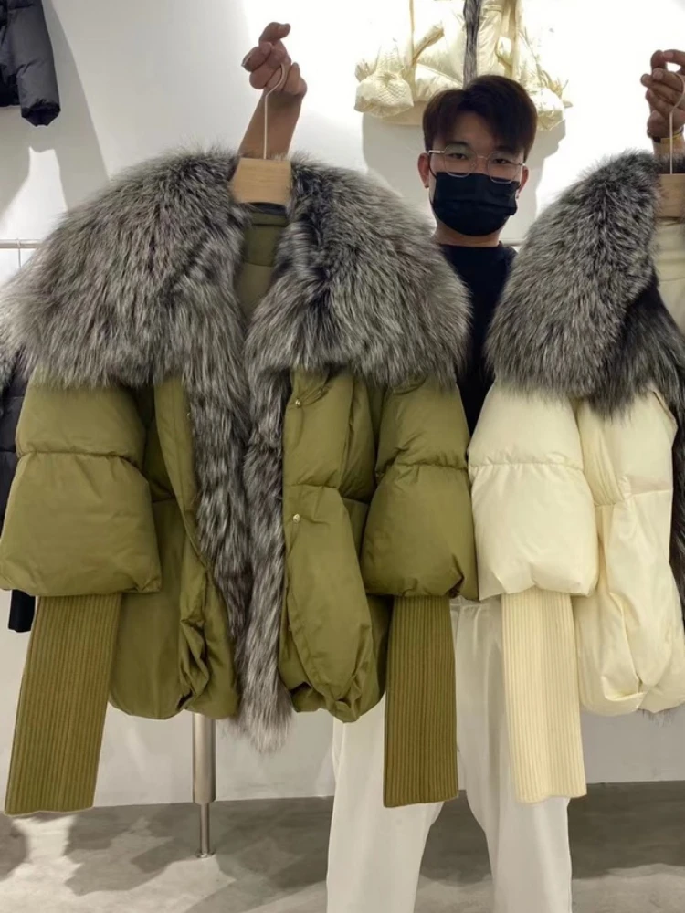 2022 winter Real fox fur collar White duck down padded down jacket Regular fashion warm big fur collar women's coat