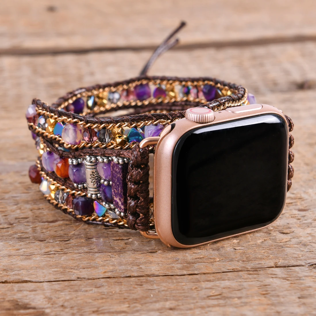 New Ethnic Natural Stone Aagte Imperial Jasper Apple Watch Band Beads Boho 3 Wrap Smartwatch Bracelet For Iwatch Series 1-7