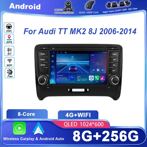 Автомобильный радиоприемник Android 14, стерео для Audi TT MK2 8J 2006-2014, авто GPS-навигация, мультимедийный видеоплеер, Cireless Carplay 2DIN WIFI