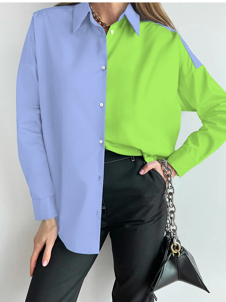 

Women's Top Shirt Spring Autumn Fashion Casual Patchwork Black Turn-down Collar Butoon Long Sleeve Tops Shirts Clubwear 2022 New