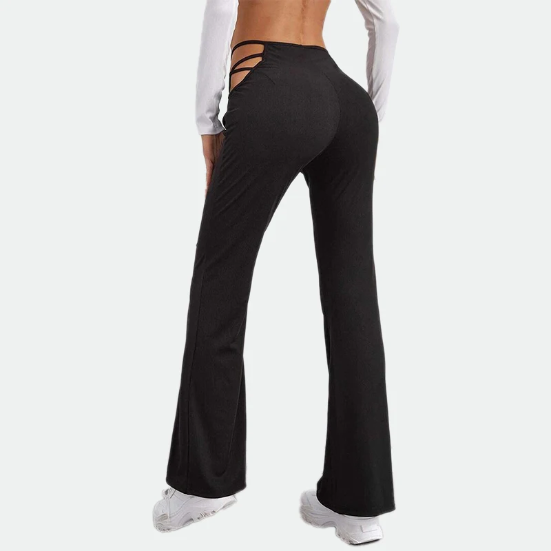 

SALSPOR Sexy Hollow Low Waist Flared Legging Girls Long Pants Solid Hip Lift Elastic Legging For Women