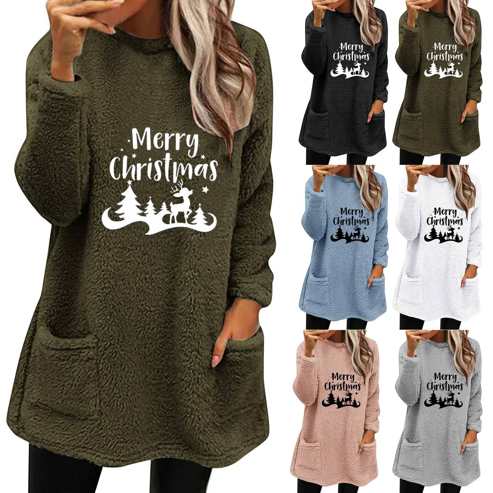 

Womens Winter Coat Loose Wool Jacket Long Sleeved Jumper With Pockets Ladies Sweatshirt Zip Ladies Christmas Tops