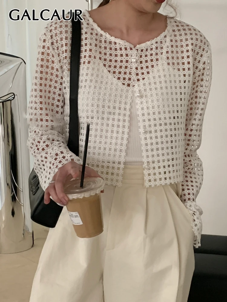 

GALCAUR Hollow Out Casual Jackets For Women Round Neck Long Sleeve Loose Vintage Short Jackets Female Spring 2022 Clothing Style