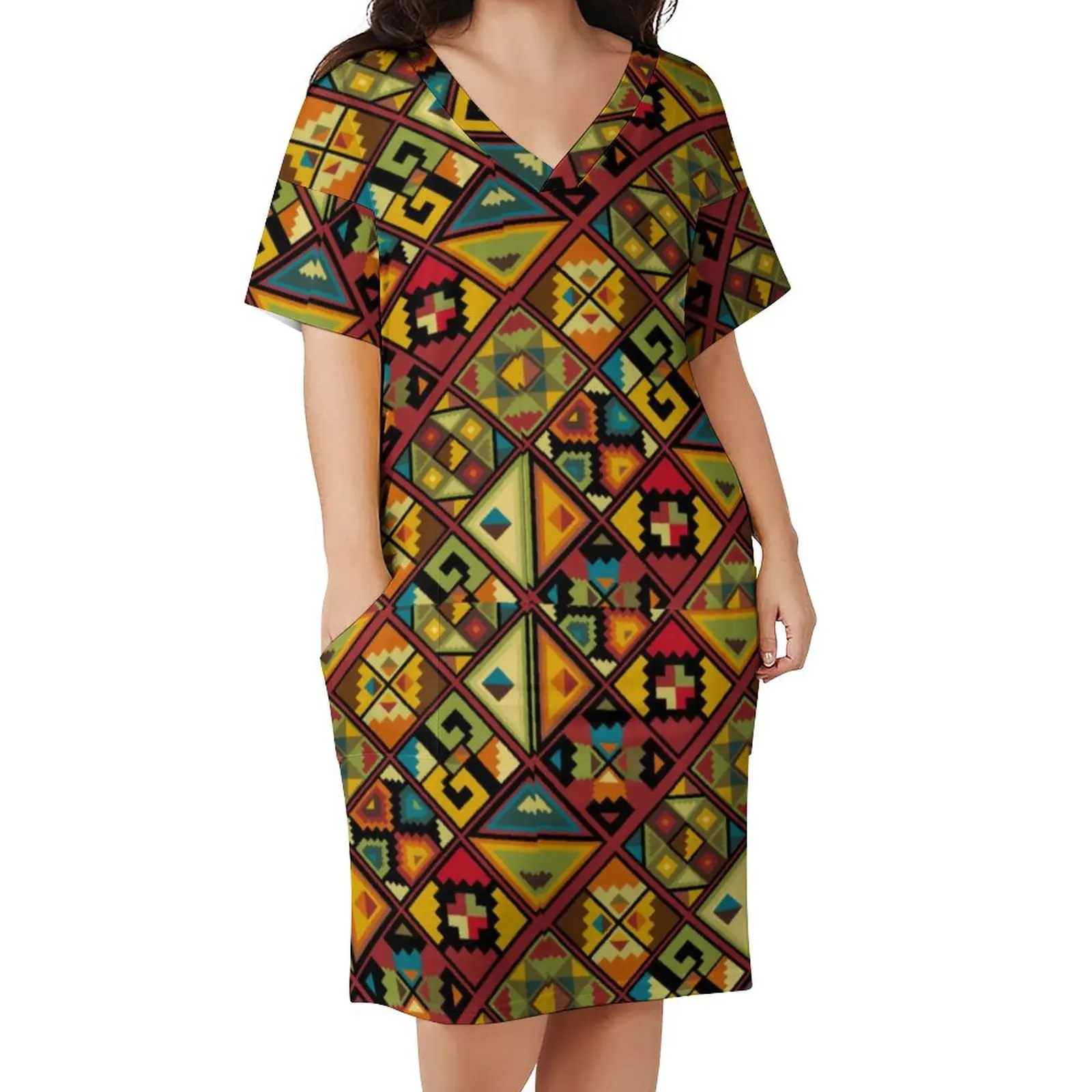 

Tribal Pattern Dress V Neck Brown Red Gold Cute Dresses Women Street Style Printed Casual Dress With Pockets Plus Size 5XL