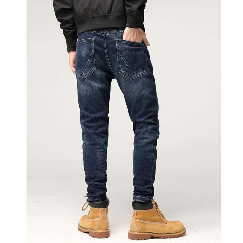 Streetwear Men Autumn and Winter New Pattern Splicing Self-cultivation Elastic Force Blue Pencil Pants Recreational Jeans Female