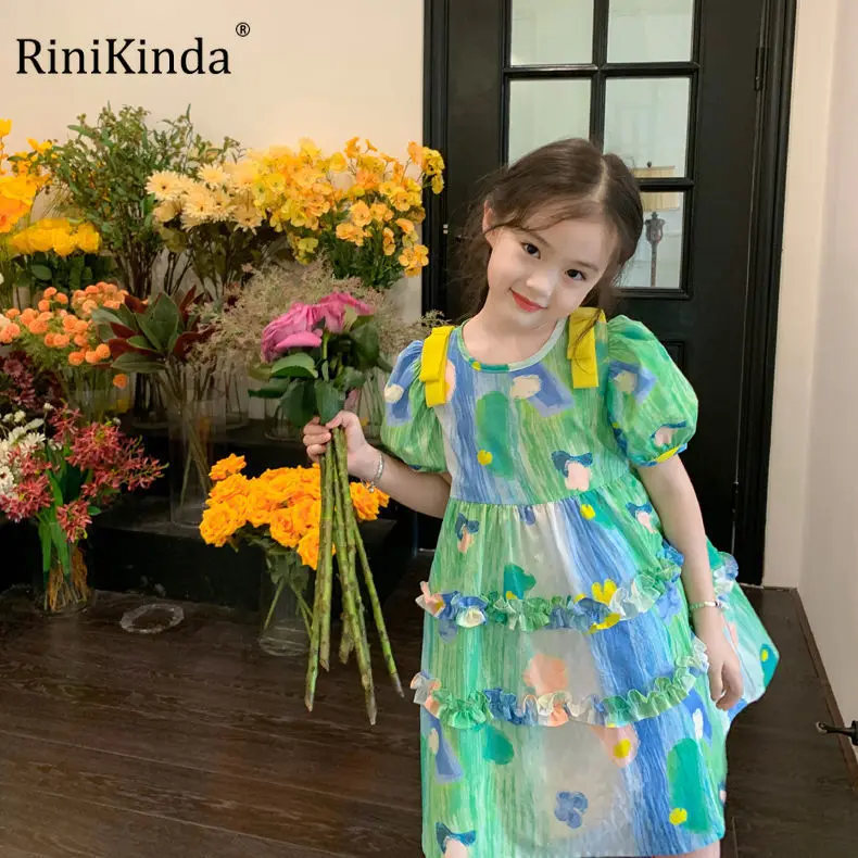 

RiniKinda Summer Painting Kids Clothes Girls Casual Puff Children Dresses For Teens Party Fairy Princess Sundress Ball Gown