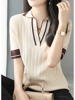 turn down collar tops women 2022 striped t shirt summer ladies knitted short sleeve tshirt korean clothes tees tee shirt femme