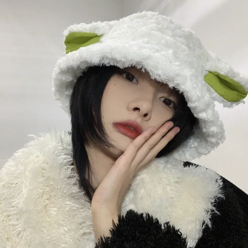 Plush Hat Female Lamb Ears Fisherman Hat Autumn and Winter Japanese Sweet and Cute Suitable for Round Basin Hat Girl Cute