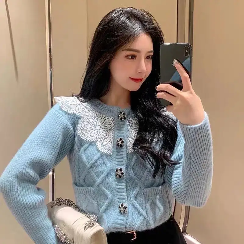 Elegant Lady Embroidery Lace Cardigan Sweaters Vintage O-neck Long Sleeve Sweater Spring 2023 Casual Solid Cardigan for Women